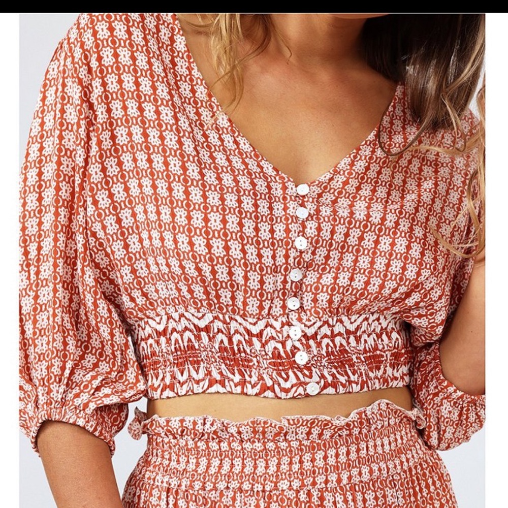 TALISMÁN- Crepe Smocked Button Front Balloon Sleeve Coordinating Halo To…